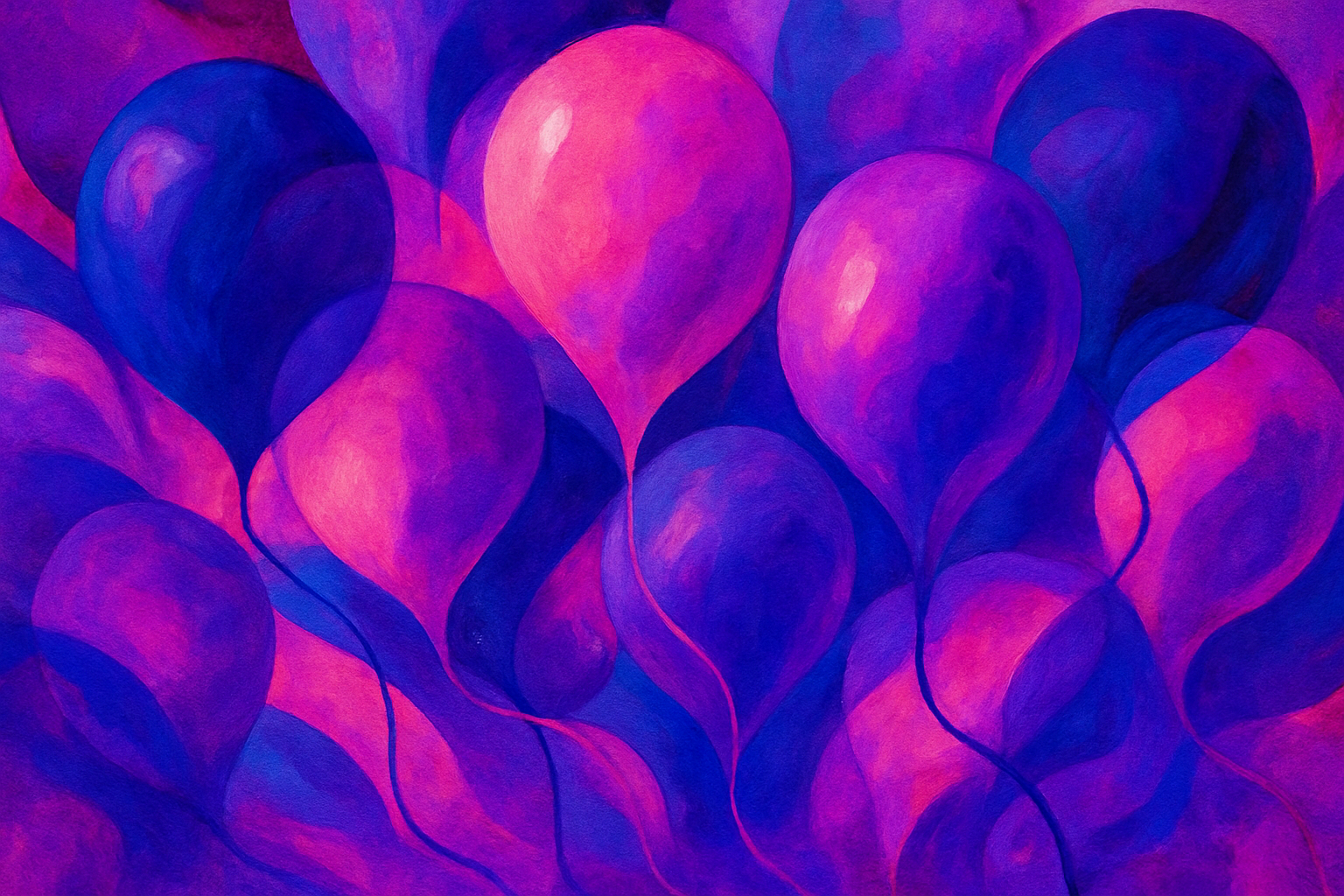 abstract art with ballons in purples pinks and royal blues